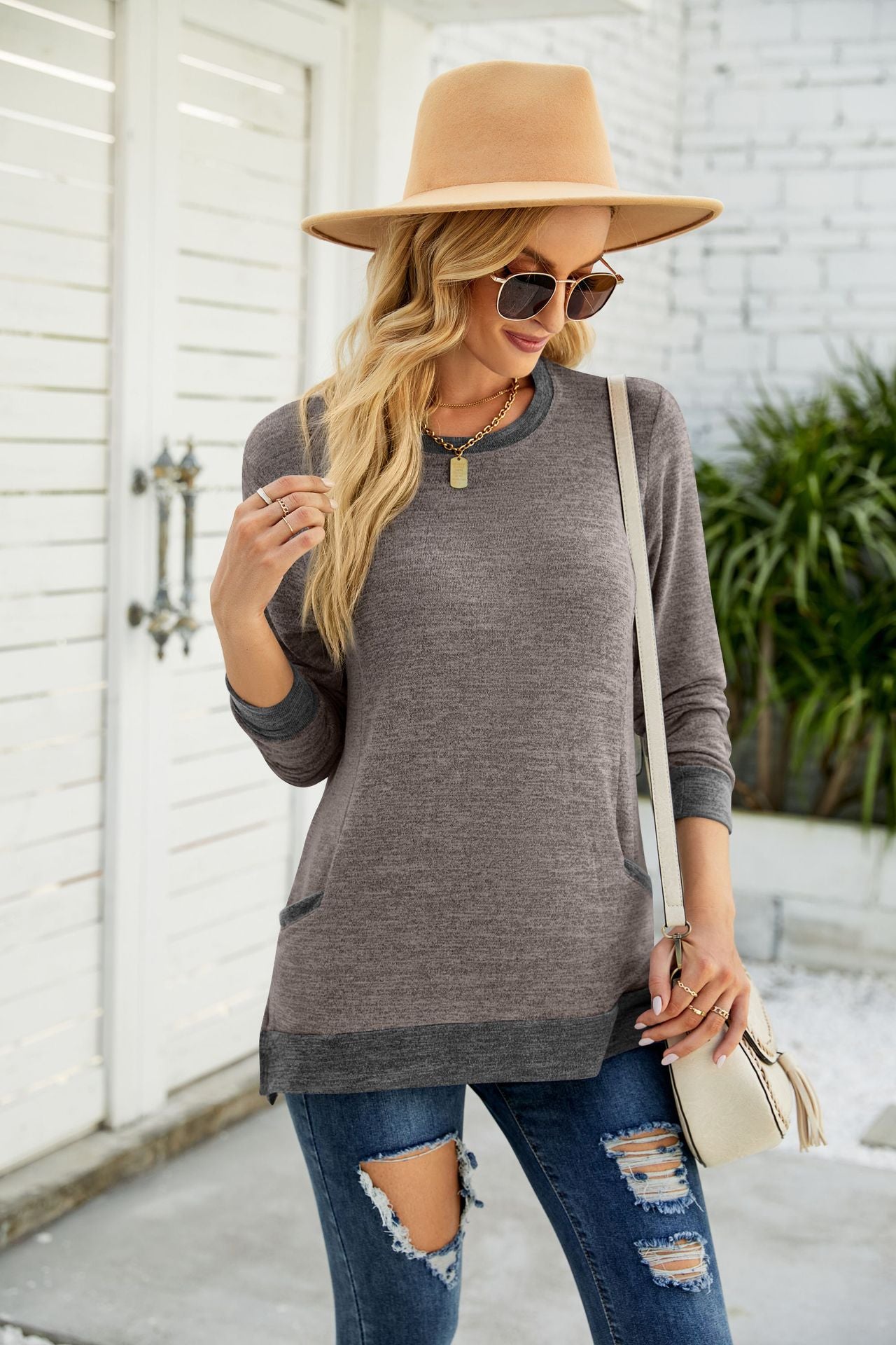 Women Clothing round Neck Multicolor Pocket Long Sleeve Pullover Top Loose-Fitting Casual T-shirt