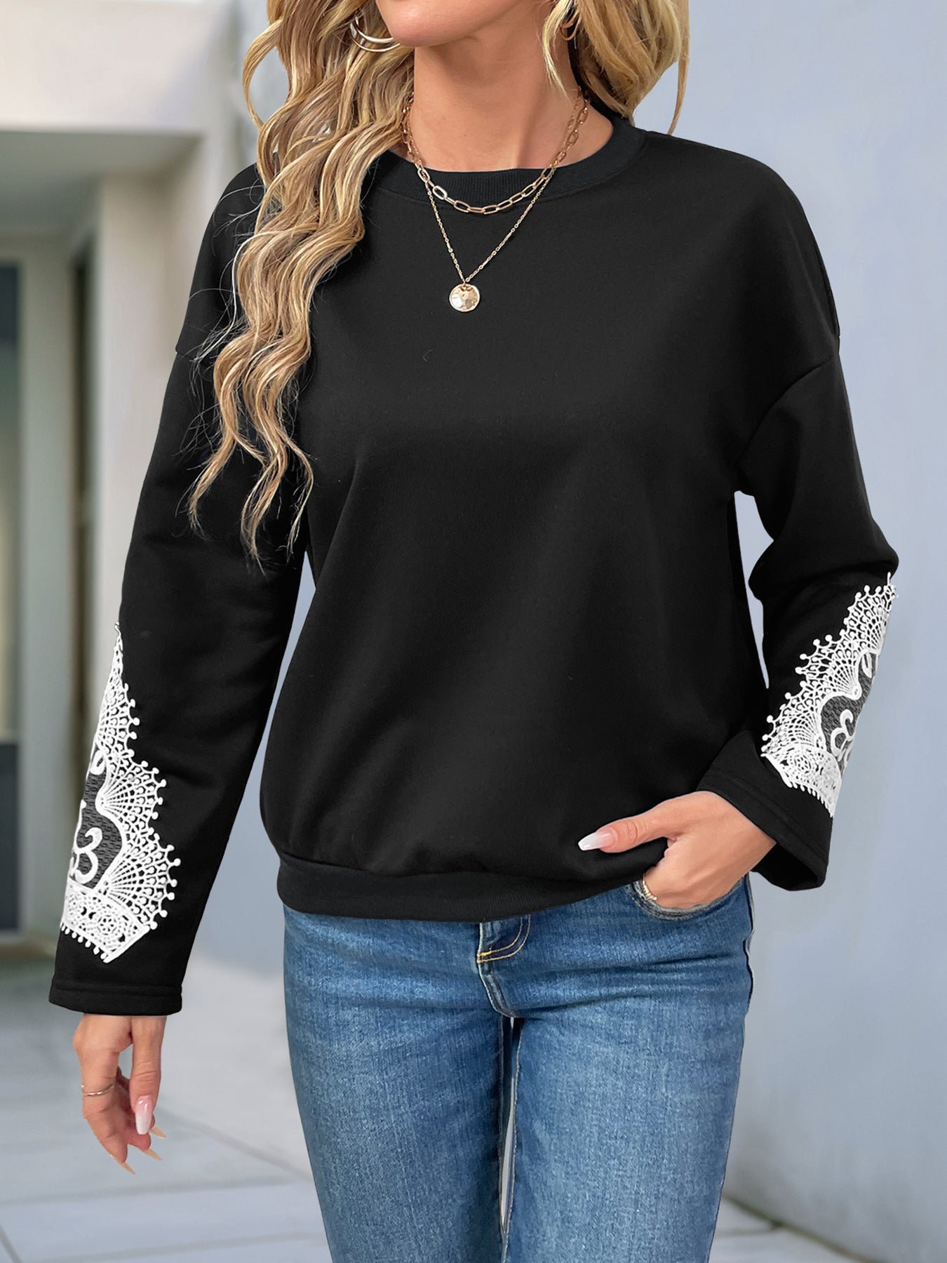 Autumn Pullover Top Women Lace Stitching Casual round Neck Sweatshirts