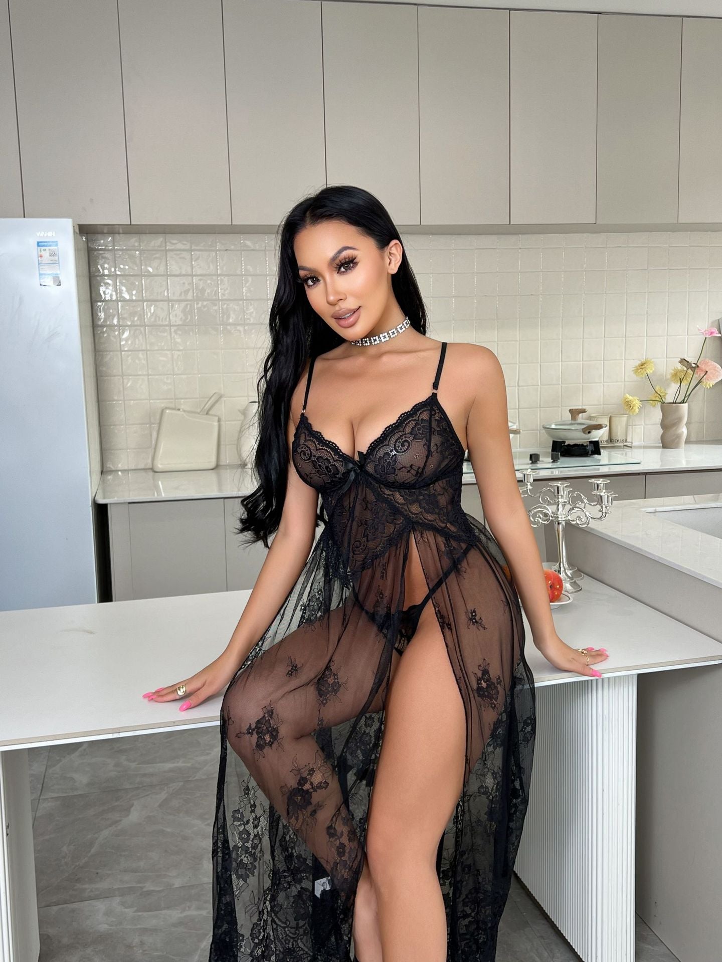 Sexy Underwear Tramsparent Yarn Lace Sexy Embroidered Slip Top Nightdress Pajamas Dress