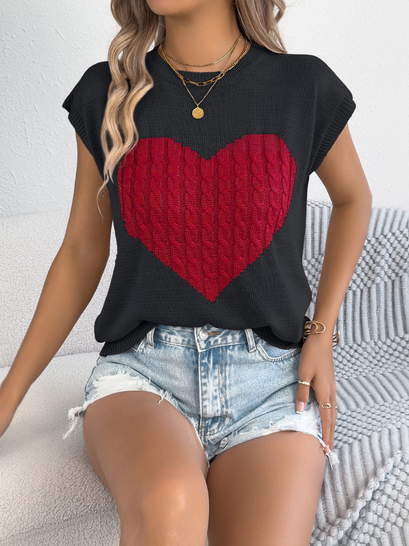 Spring Summer Contrast Color Love Casual Loose Knitwear Valentine Day Top Women Clothing