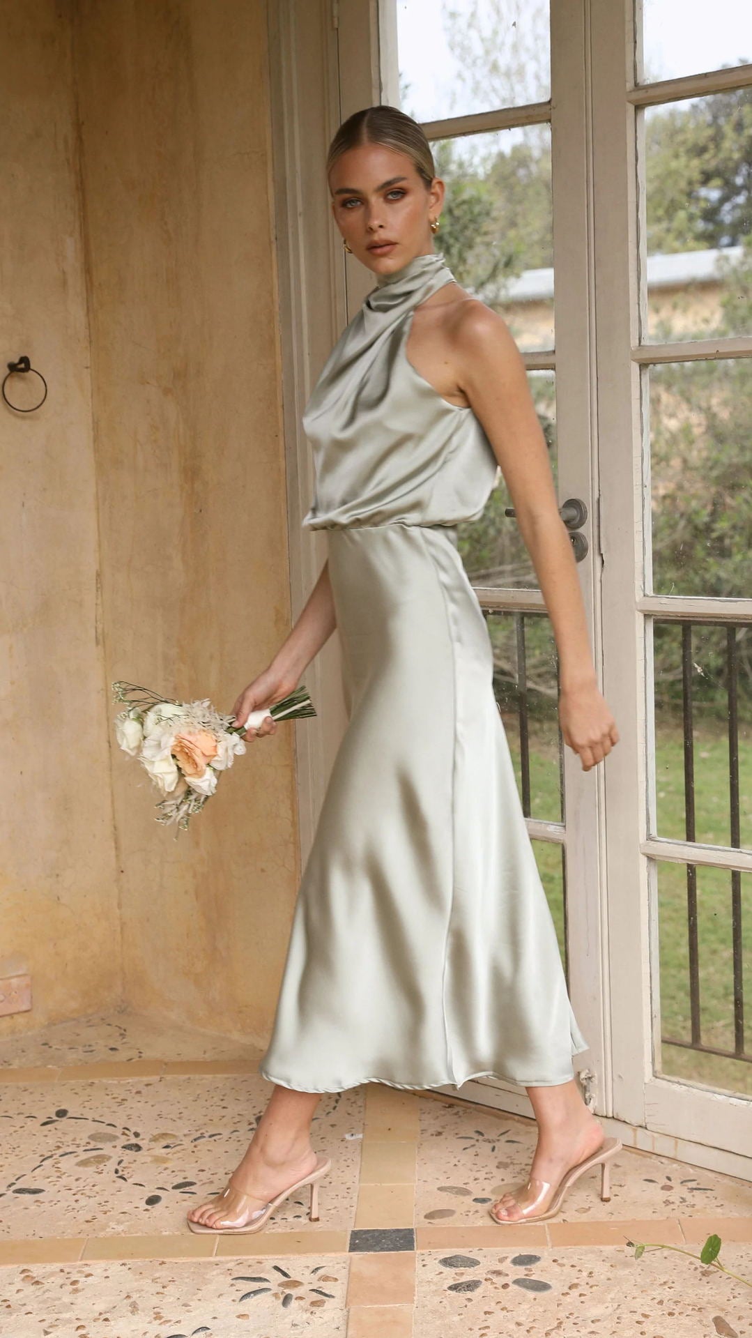 Summer Mature Elegant Women Clothing Sleeveless Halter Solid Color Satin Dress