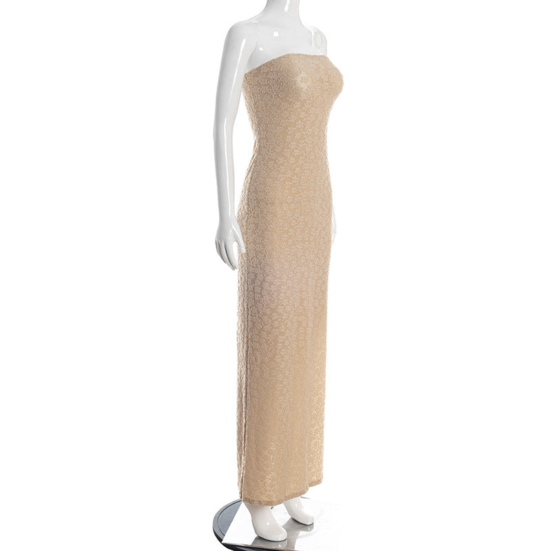 Tube Top Split Height Waist Slimming Jacquard Fabric Sheath Maxi Dress