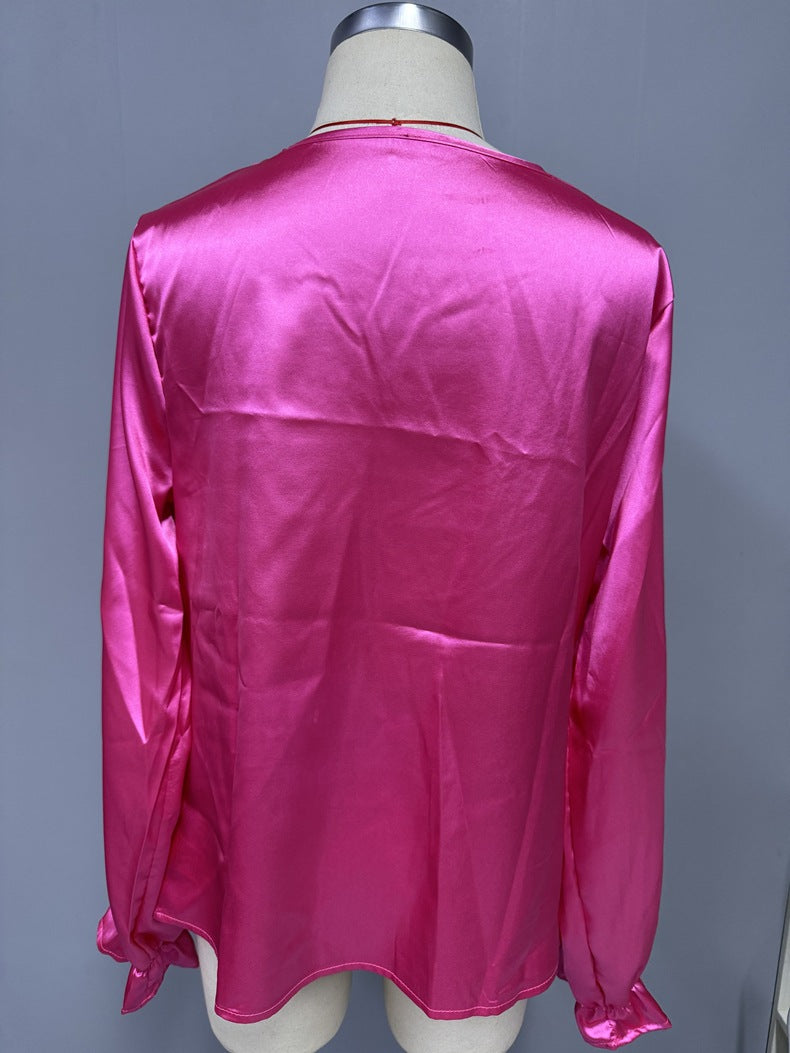 Women Clothing Ruffled Sleeve Satin Shirt Autumn Arrival Long Sleeve Satin Shirt