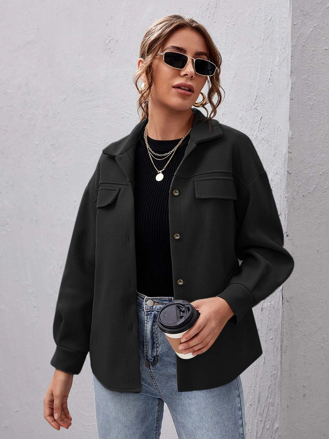 Autumn Winter Woolen Coat Single-Breasted Padded Shirt All-Match Solid Color Baggy Coat Women