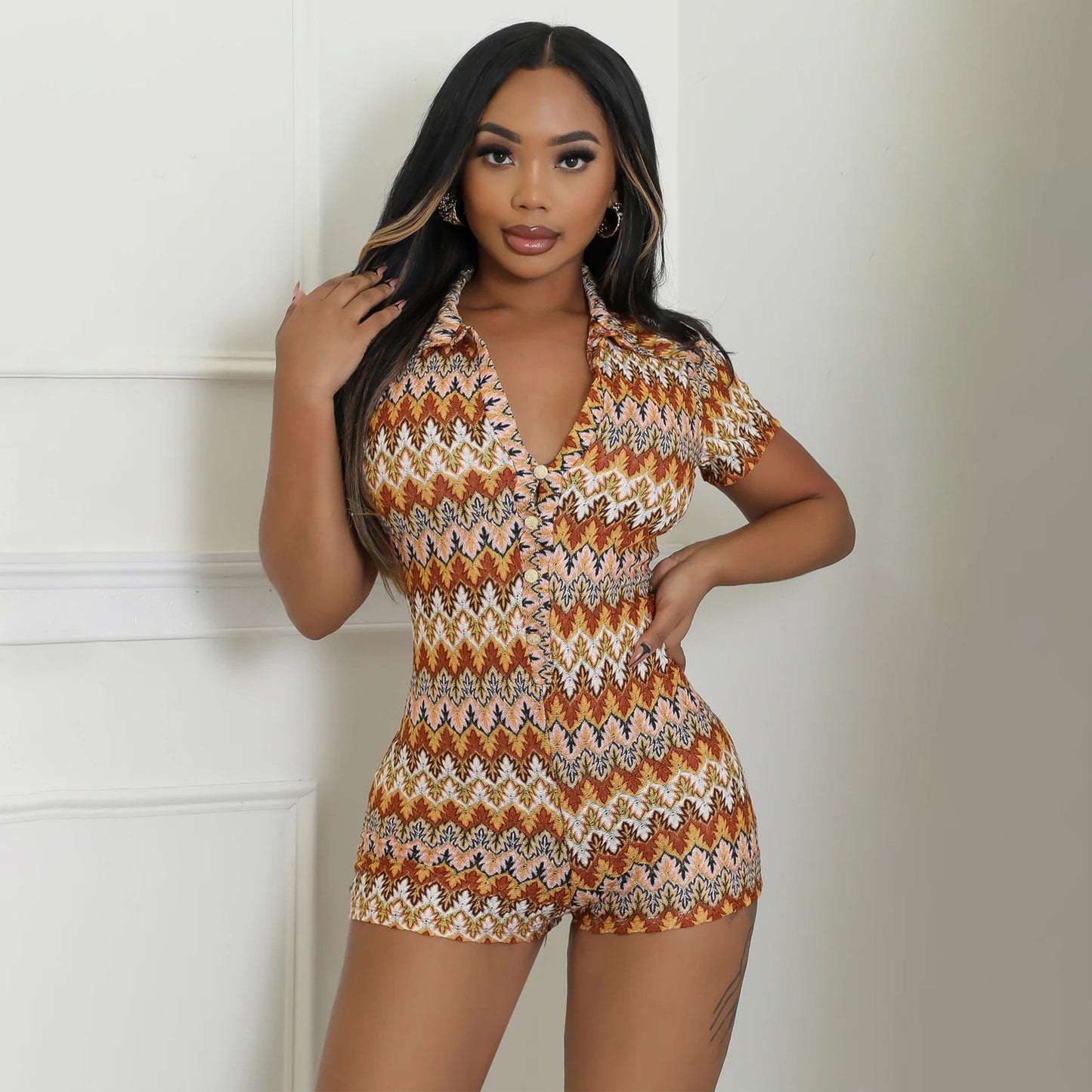 Women Wear Wave Pattern Color Stripes V neck Short Sleeve Romper