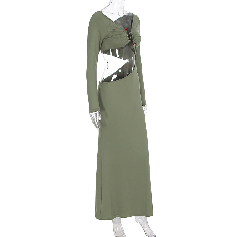 Women Clothing Maxi Dress Sexy Seaside Vacation Long Sleeve Hollow Out Cutout out Slim Dress