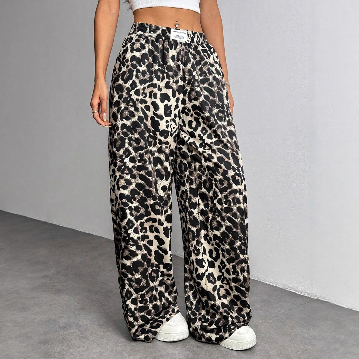 Women Winter Leopard Print Casual Pants Loose Elastic Waist Printed Wide Leg Trousers