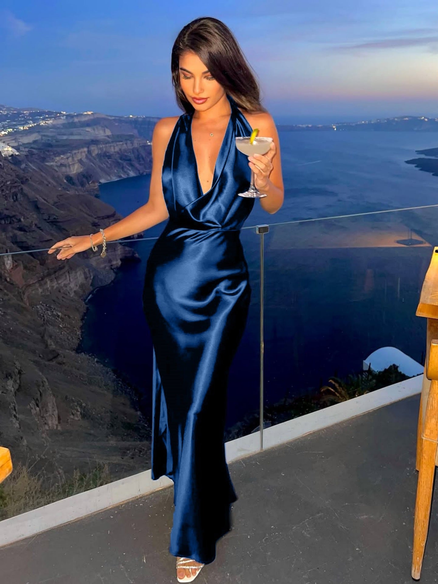 Women Clothing Maxi Dress Sexy Halter Swing Collar Backless High Grade Dress Women