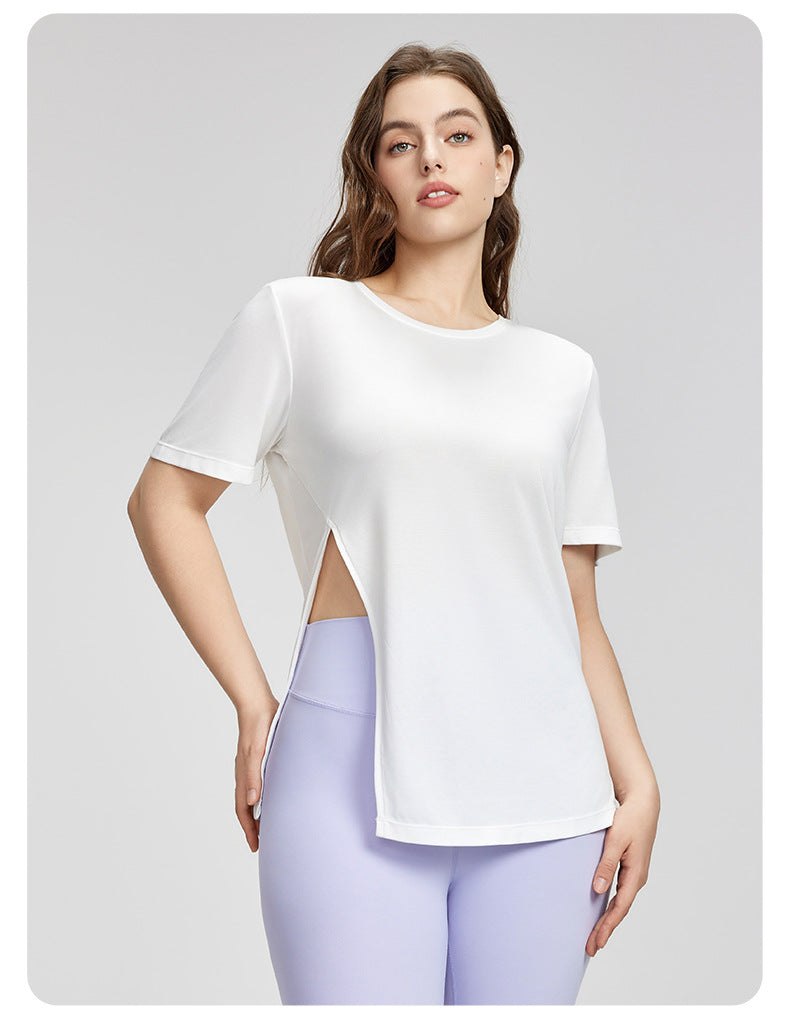 Plus Size Yoga Clothes Blouse Women Summer Loose Breathable Thigh Length Casual T shirt Side Slit Exercise Short Sleeve