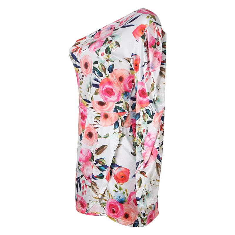 Spring Summer Women Clothing Printed One Shoulder Hip High Waist Slim Fit Dress