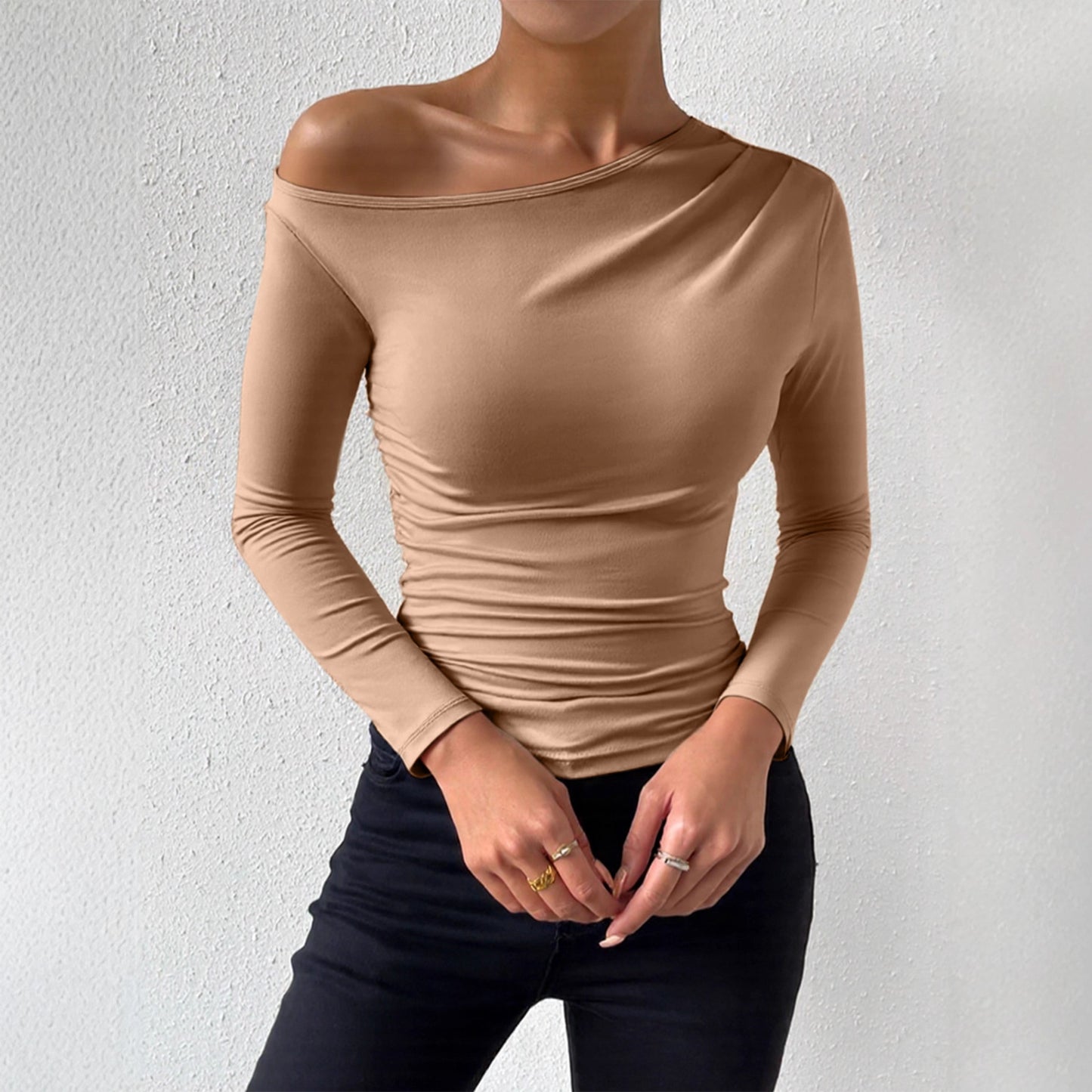Sexy Oblique Shoulder Collar off the Shoulder Long Sleeve Slim Fit Wild Autumn Arrival T shirt Base