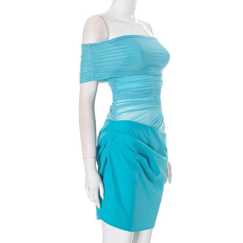 Women Clothing Mesh Stitching off Neck Transparent Slim Fit Sheath Dress