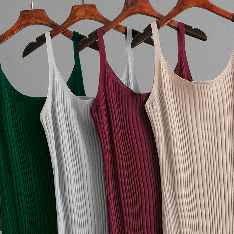 Sexy Slim Fit Slimming Waist Trimming Knitted Dress Summer Simple Solid Color Cami Dress