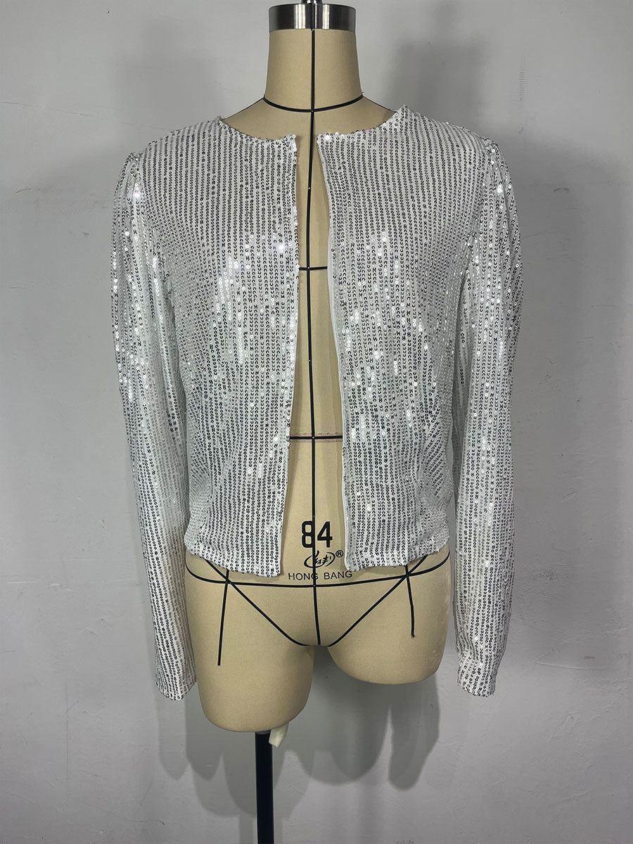 Women Autumn Round Neck Long Sleeve Solid Color Cardigan Casual All Match Sequin Coat