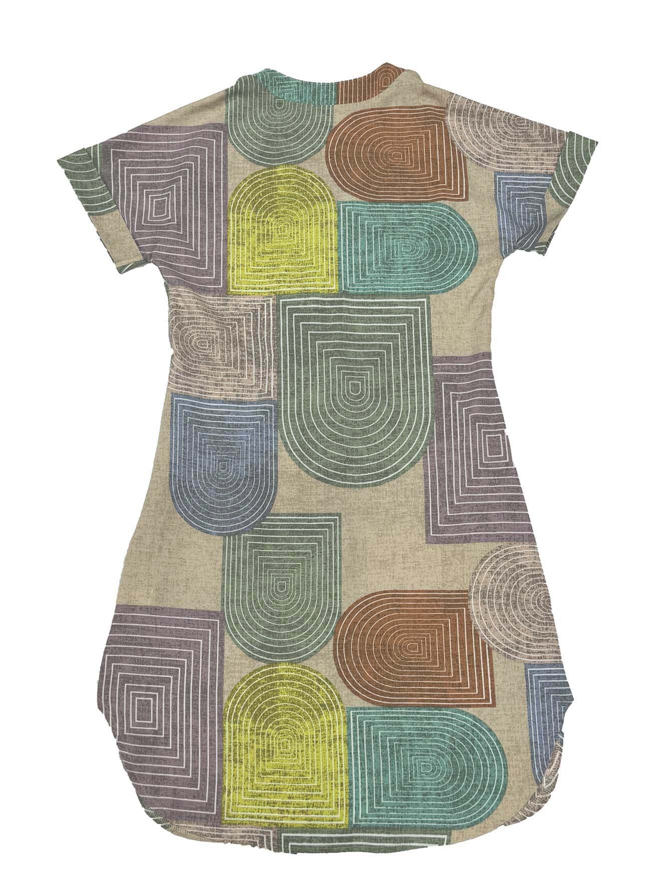 Women Clothing Summer Geometric Abstract Print Elegant V neck Button Sleeve Dress Women