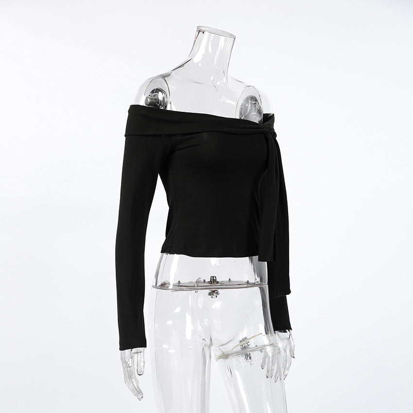 Intellectual off Neck Lace up Bow Long Sleeved Fitted T shirt Women Sexy Cold Shoulder Elegant Office All Matching Top