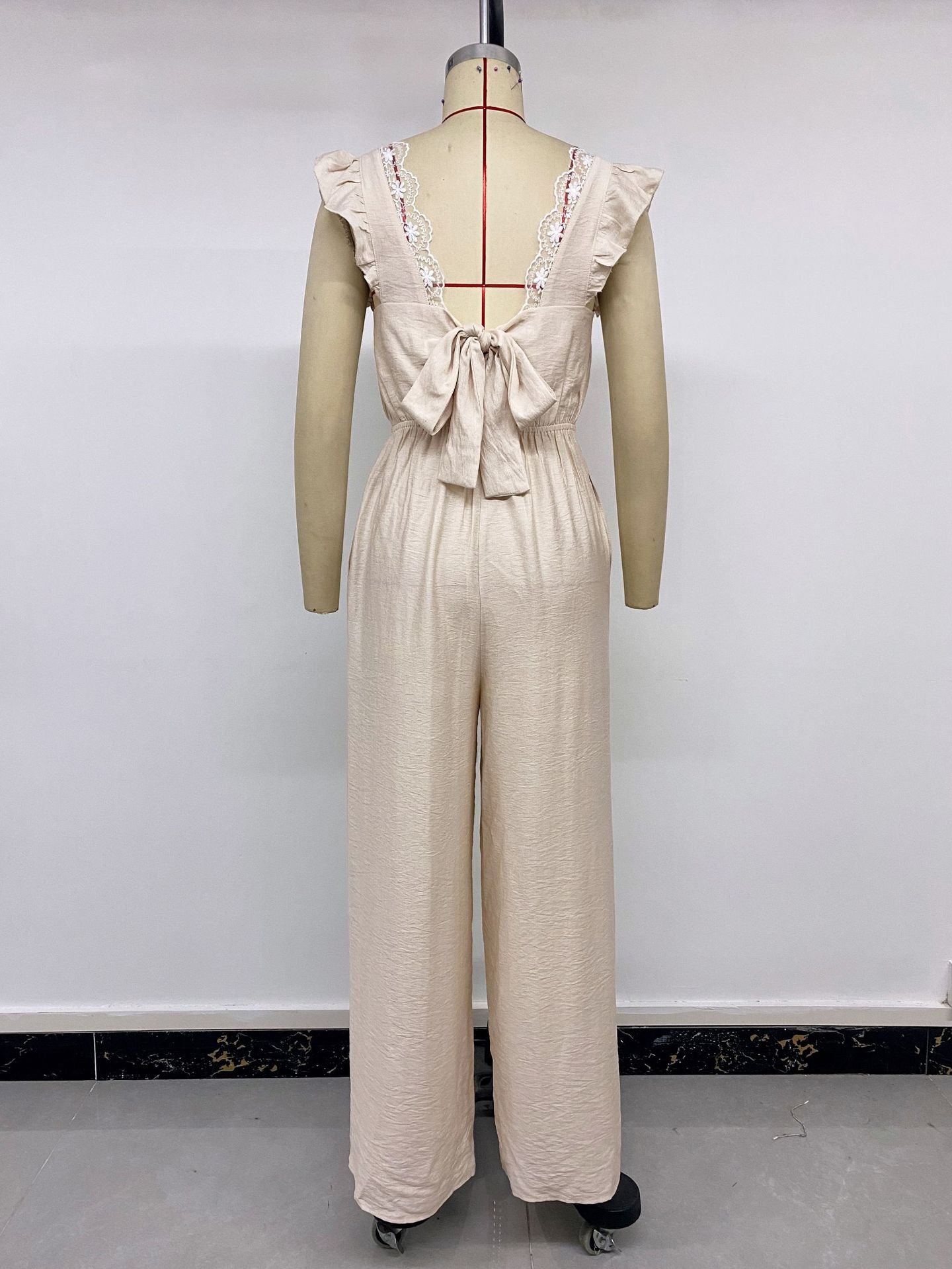 French Pastoral Flying Sleeves V neck Back Bow Jumpsuit
