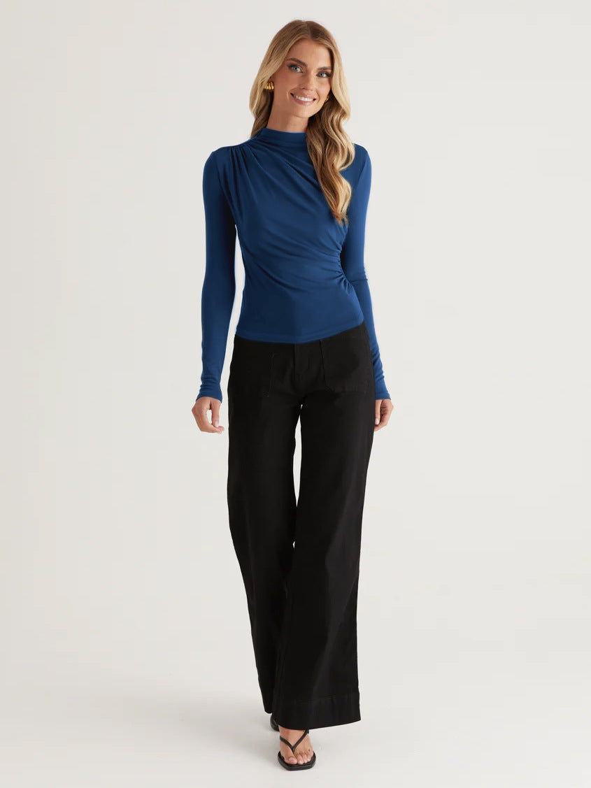 Women Clothing Office Sexy Pleated Small Turtleneck T shirt Sense Tight Long Sleeve Shoulder Solid Color Top