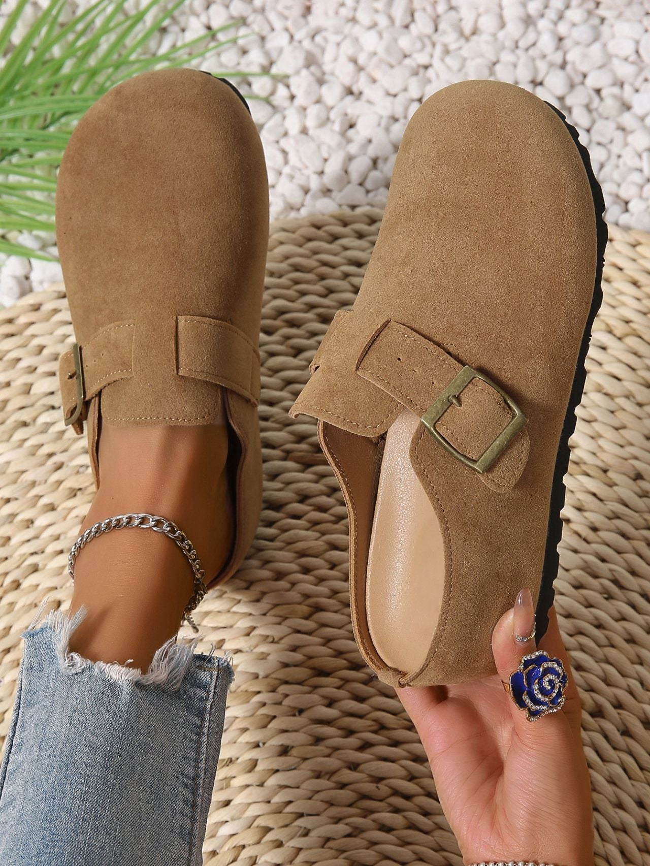 Belt Buckle Closed Toe Birkenstock Half Slippers Women Outer Wear French Slip on Thick Bottom Back Open Shoes