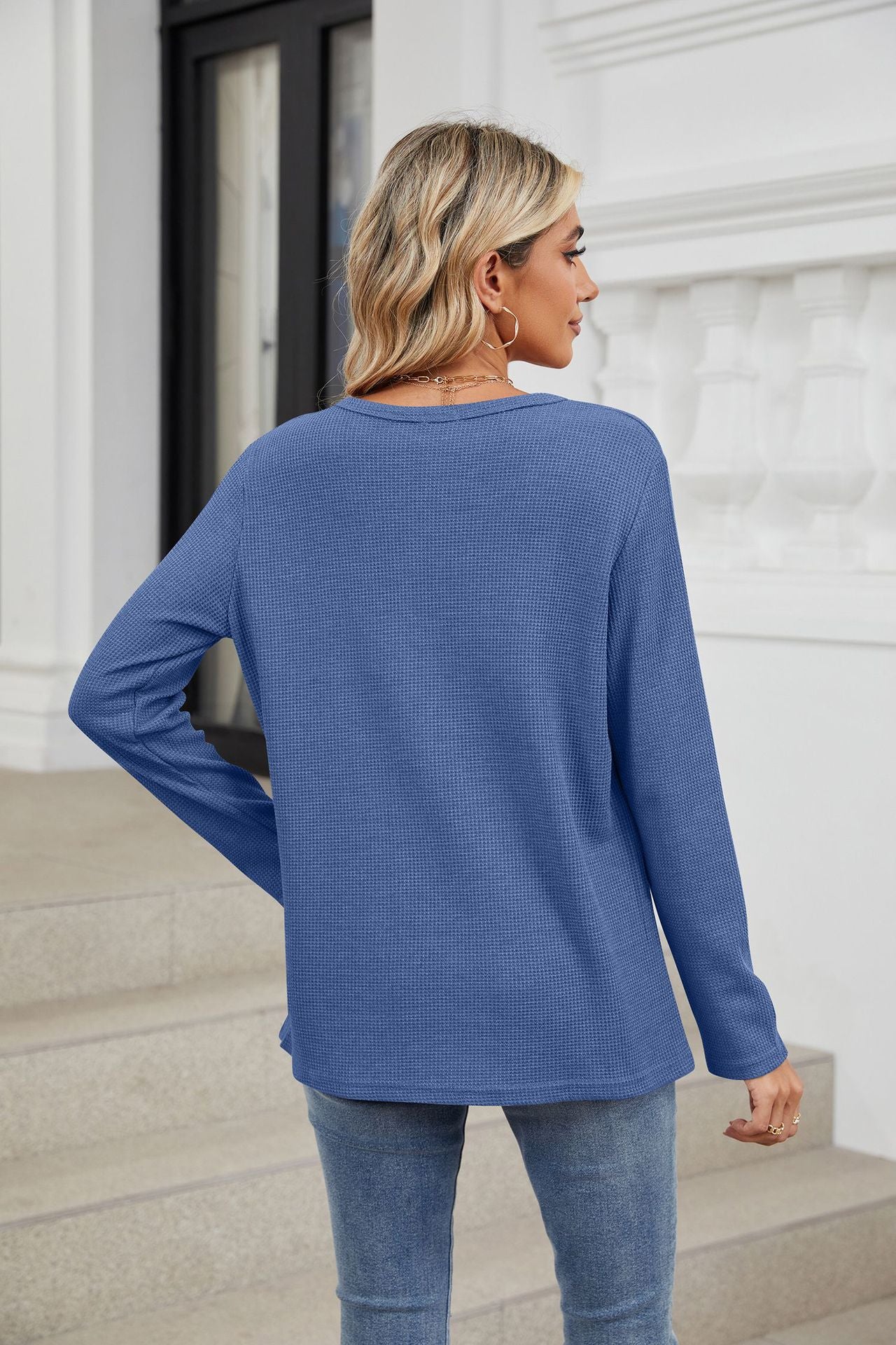 Spring Autumn Loose Fitting V Neck Long Sleeves Solid Color Casual T Shirt Top Women