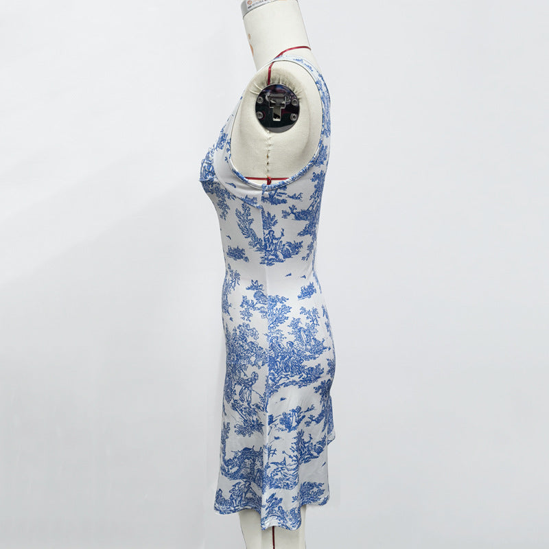 Women Printing Slip Dress Sexy Beach Square Collar Dress