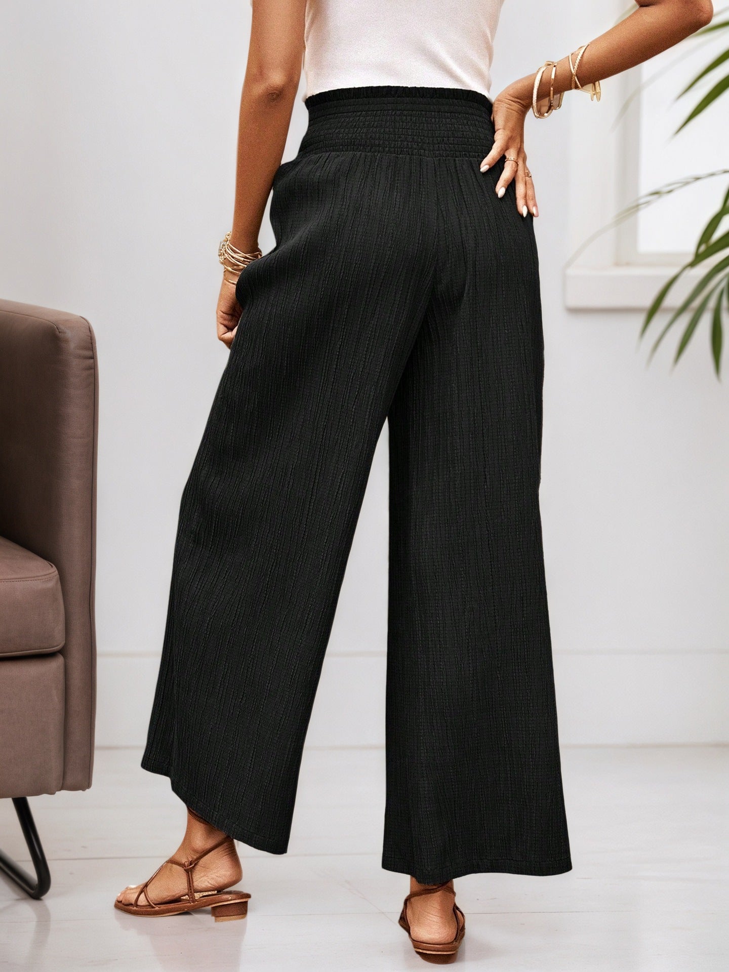 Summer High Waist Casual Three Dimensional Line Pleated Design Elastic Waist Loose Wide Leg Pants