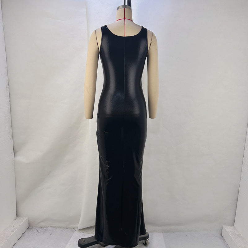 Women Clothing Winter U Collar Solid Color Split Vest Dress