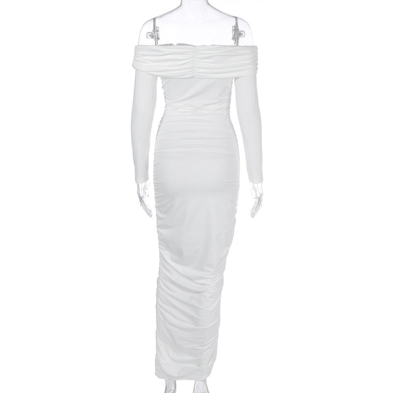 Solid Color Sexy off the Shoulder Maxi Dress Elegant Pleated Long Sleeve Dress Women