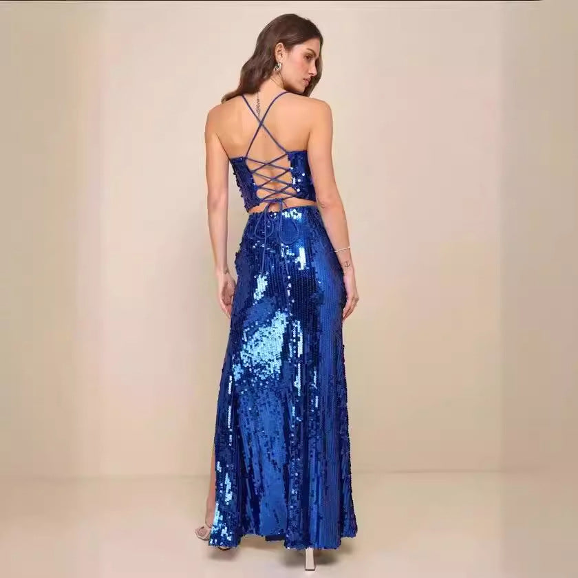 Women Clothing Sequined Lace up Two Piece Long Sexy Skirt Sets
