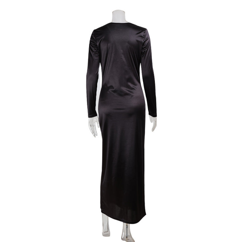 Arrival Autumn Elegant Solid Color Long Sleeve V neck Satin Bright Silk Dress Evening Dress