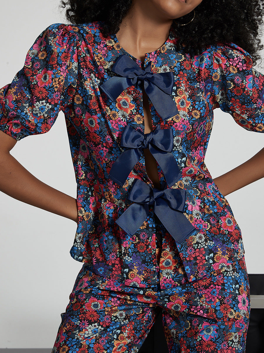 Women Clothing Pastoral Sets Bow Tie Shoulder Floral Puff Sleeve Top Trousers