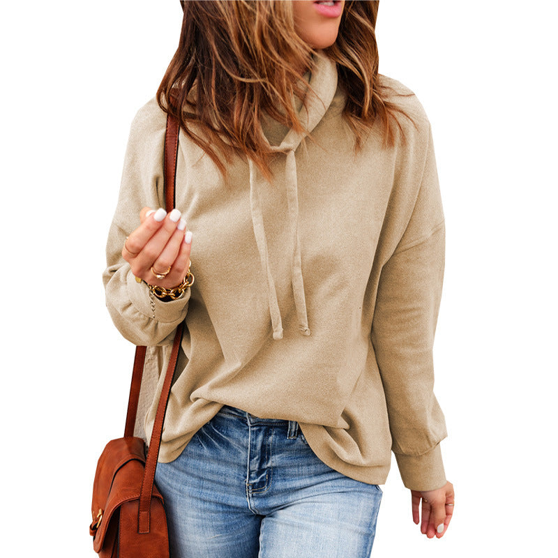 Solid Color Autumn Winter Top Women Turtleneck Drawstring Long Sleeve Women Clothing Sweatshirt