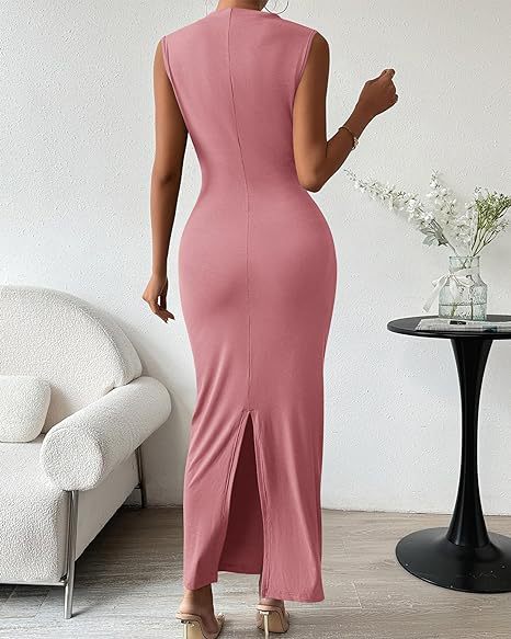 Women Clothing Shein Sleeveless Back Slit Pleated Tight Dress