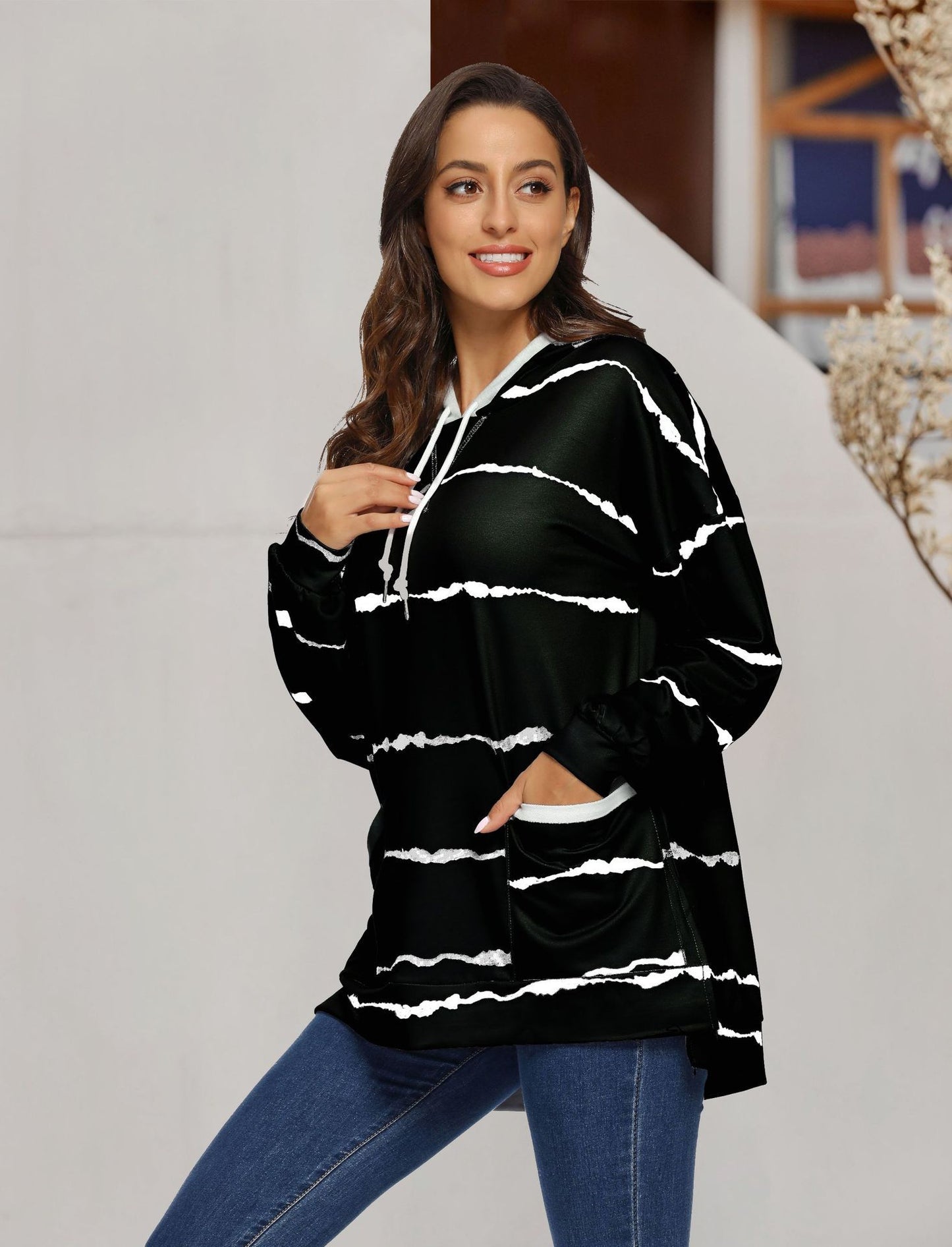 Women Clothing Tie Dye Printed Striped Hooded Loose Long Sleeves Sweatshirt