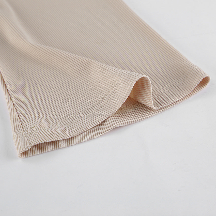 Design Solid Color Slim Fit Pleated round Neck Bell Sleeve Top for Women Spring Undershirt