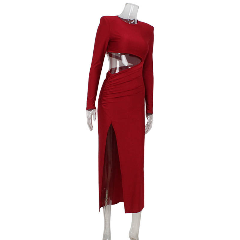 Elegant Women round Neck Long Sleeve Hollow Out Cutout out Split Red Retro Slim Fit Sexy Dress