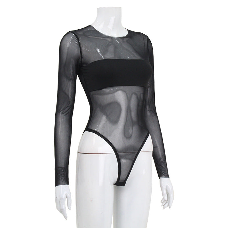 Spring Women Clothing Mesh Sexy Long Sleeve Mesh Slimming Patchwork Sexy Jumpsuit Women