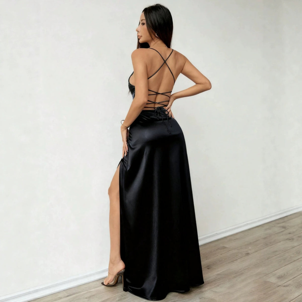 Popular Elegant Sexy Party Dress Solid Color Satin Cross Back High Slit