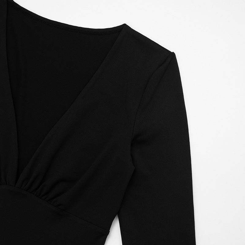 Women Autumn Solid Color Elegant Slim Deep V Plunge Long Sleeve Horn Long Conjoined Trousers