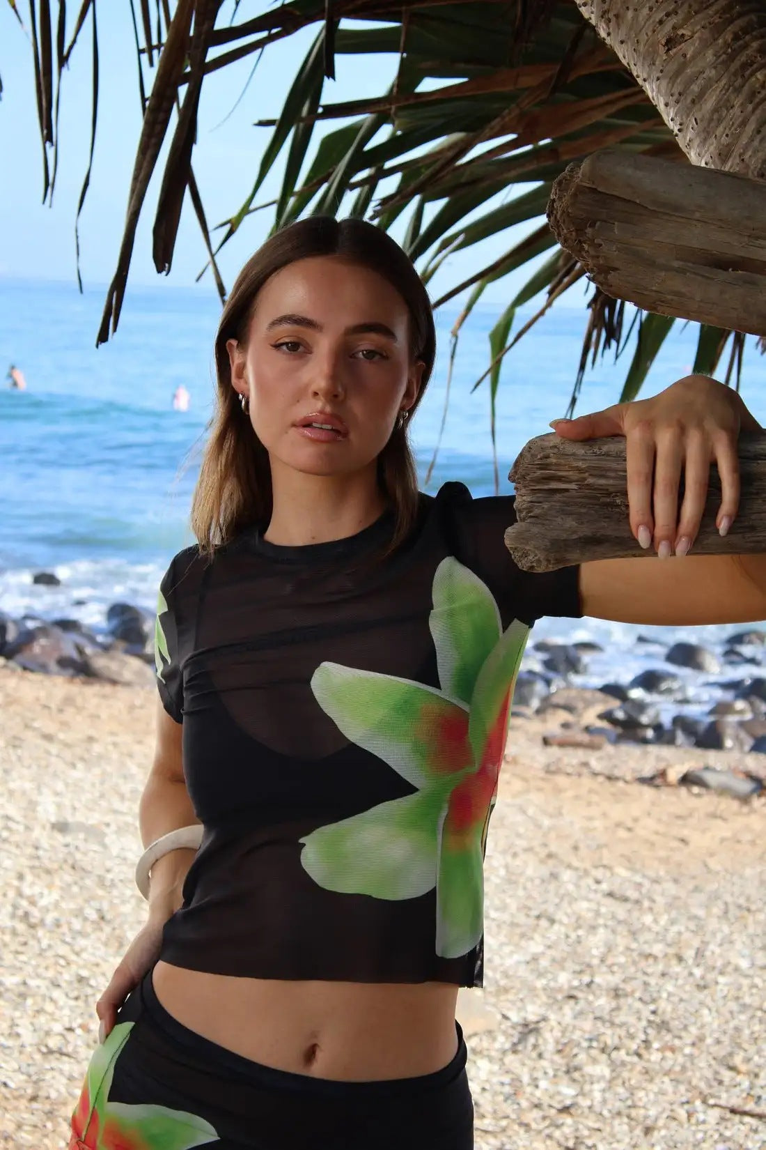 Summer Two Piece Floral Print See through Short Sleeved T shirt Sexy Slit A line Skirt Outfit