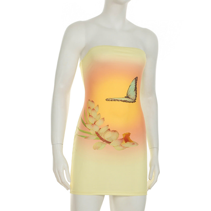 Women Clothing Summer Sleeveless Sexy Strapless Dress Butterfly Floral Print Hip Dress