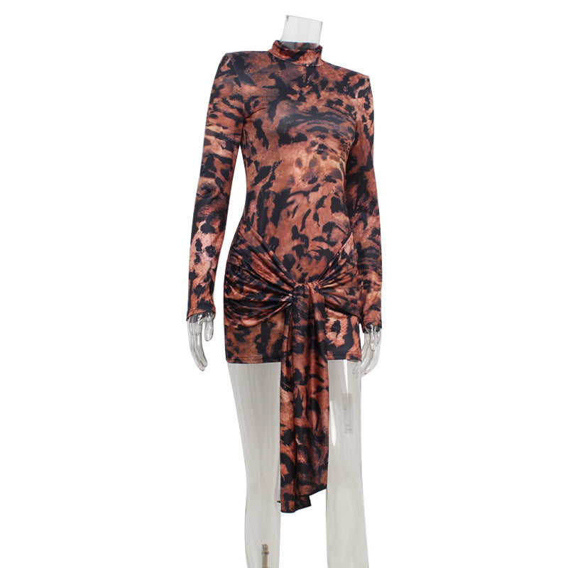 Summer Item Crew Neck Long Sleeve Tiger Stripe Pattern Lace up Waist Controlled Slimming Dress