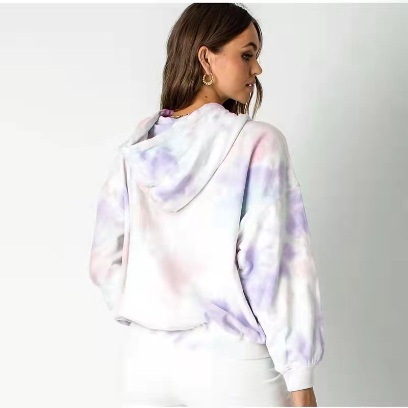 Autumn Winter Tie-Dye Loose Hooded Drawstring Women Clothing Urban Casual Long Sleeves