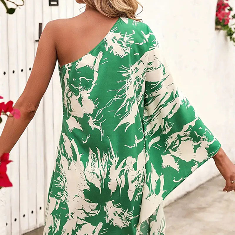 Oblique Shoulder Printed Short Dress Spring Summer Women Design Women Dress