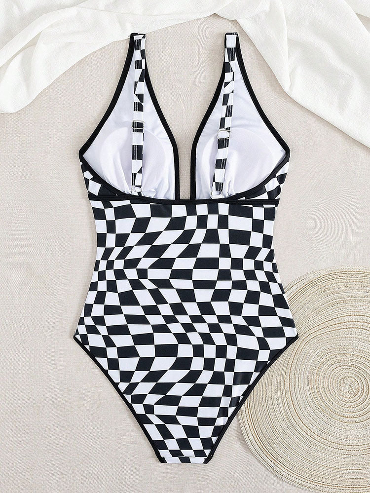 Swimsuit V neck Plaid One Piece Swimsuit Women Beach Spring Bikini