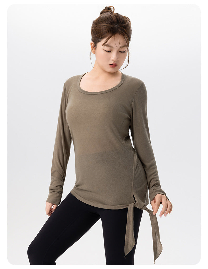Plus Size Yoga Blouse Women Slim Fit Slimming Side Slit Workout Long Sleeve Soft Skin Friendly Plump Girls Yoga Clothing Top