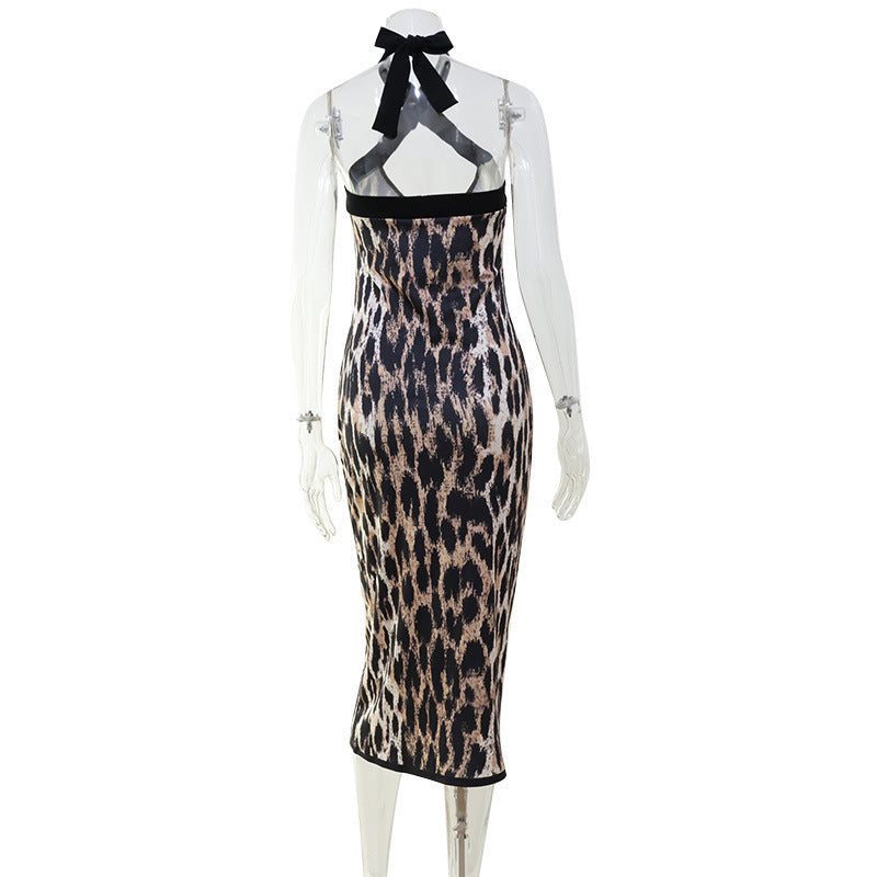 Sexy Night Club Women Clothing Cross Halterneck Backless Slim Fit Tight Leopard Print Elegant Sexy Dress