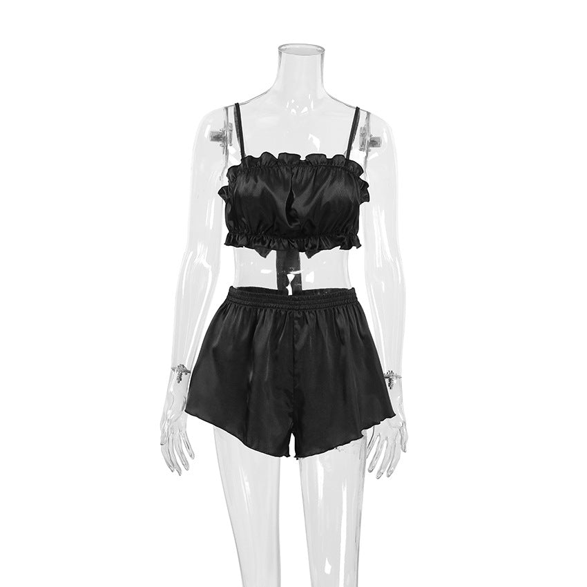 Summer Satin Design Sexy Pajamas Sexy Tied Spaghetti Strap Shorts Two Piece Set Homewear