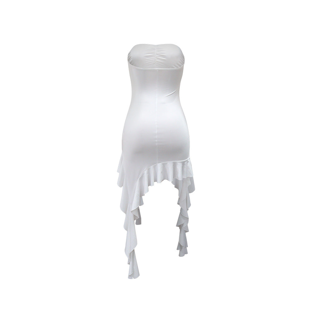Tube Top Irregular Asymmetric Dress Solid Color Ruffles Dress Women Sheath