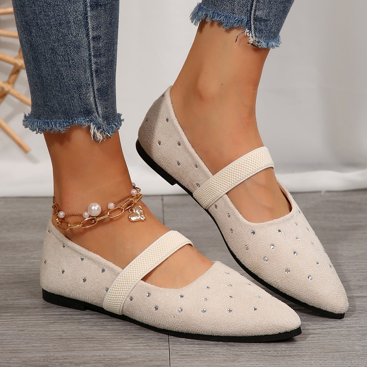 Pointed Toe Rhinestone Low Cut Flat Pumps Women Suede Four Seasons Work Shoes Supply